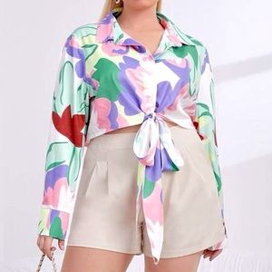 Plus Floral Print Tie Front Crop Top